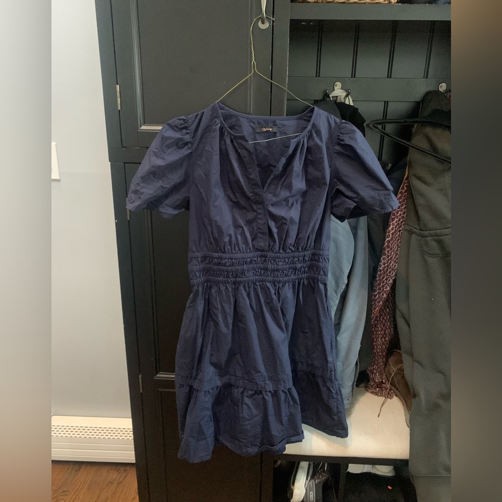 Quince Navy Poplain Tiered Mini Dress Size M